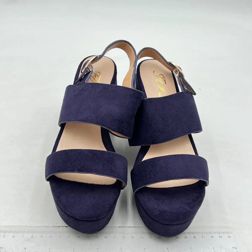 FOWT Navy Open Toe Platfrom Sandals Chunky Heel Slingbacks Buckle Wide Band Shoe - Picture 3 of 8